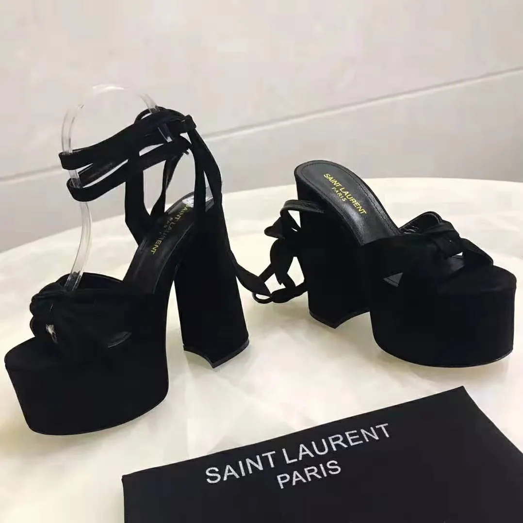 Saint Laurent YSL Paige Platform Sandals Suede 14.5 cm Heel for Women