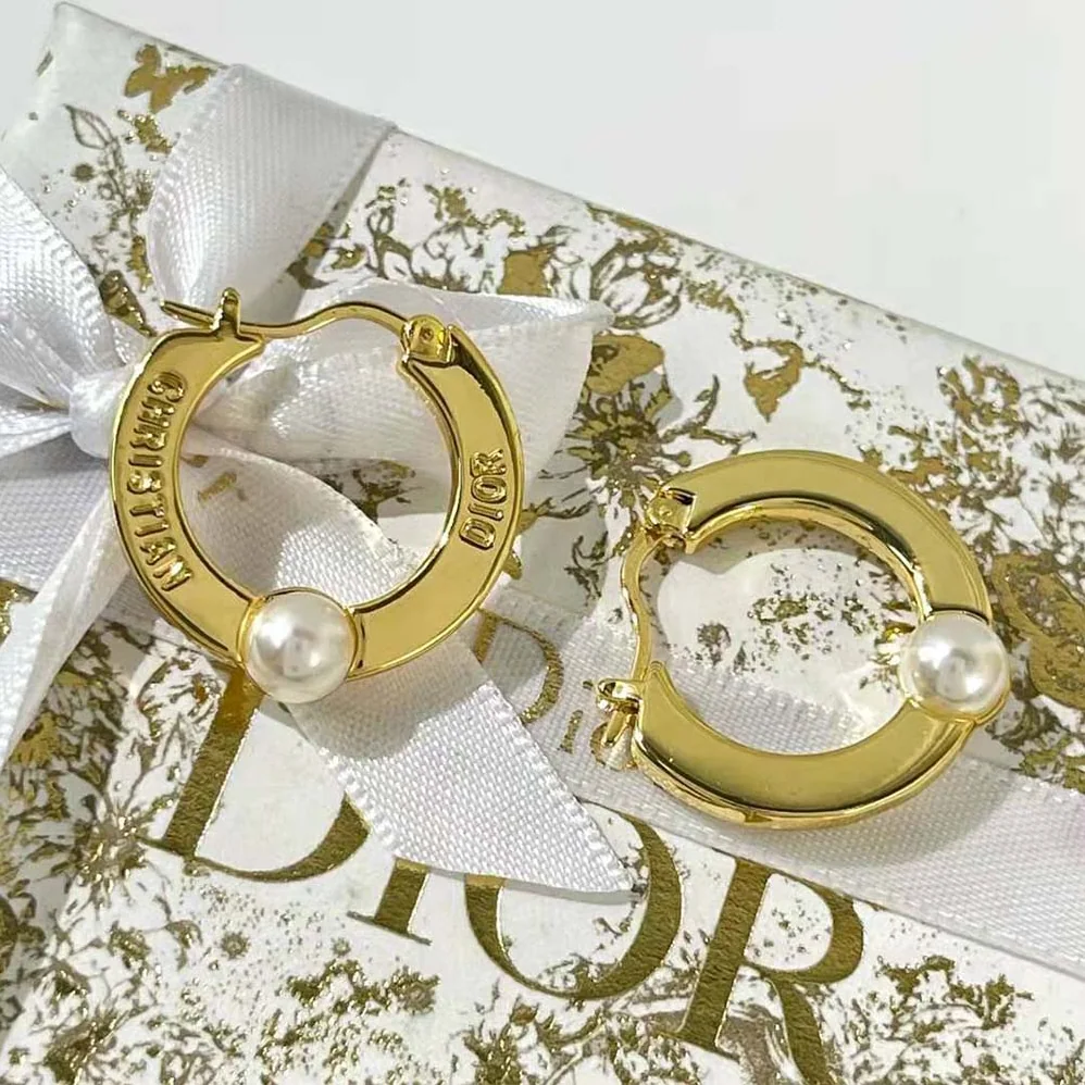 Dior CD Navy Earrings Gold-Finish Metal and White Resin Pearls for Women