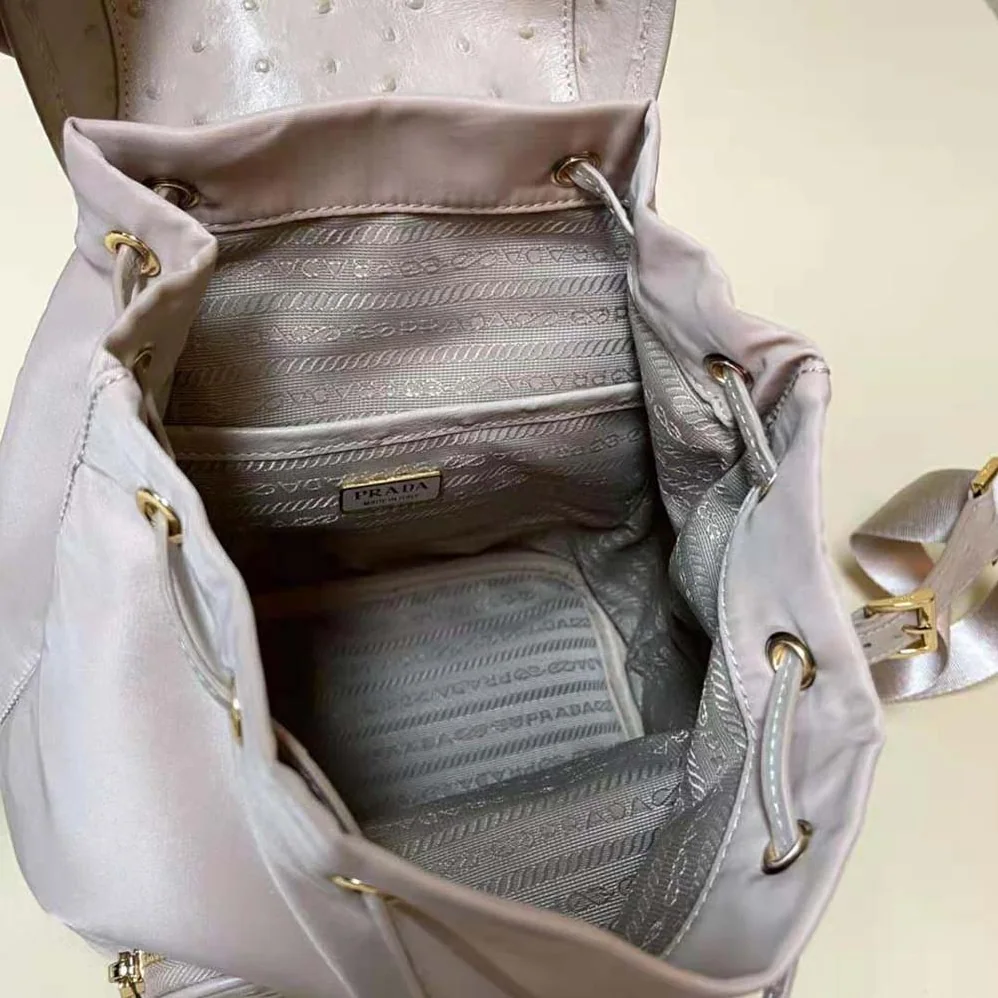 Prada Re-Nylon and Ostrich Leather Backpack for Women in Pink Prada Re-Nylon and Ostrich Leather Backpack for Women in Pink