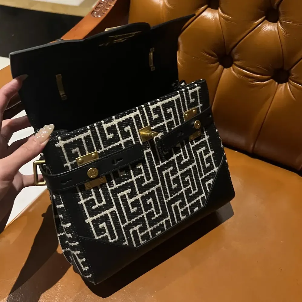 Balmain Bicolor Khaki and Black Calfskin Jacquard B for Women in Buzz Bag