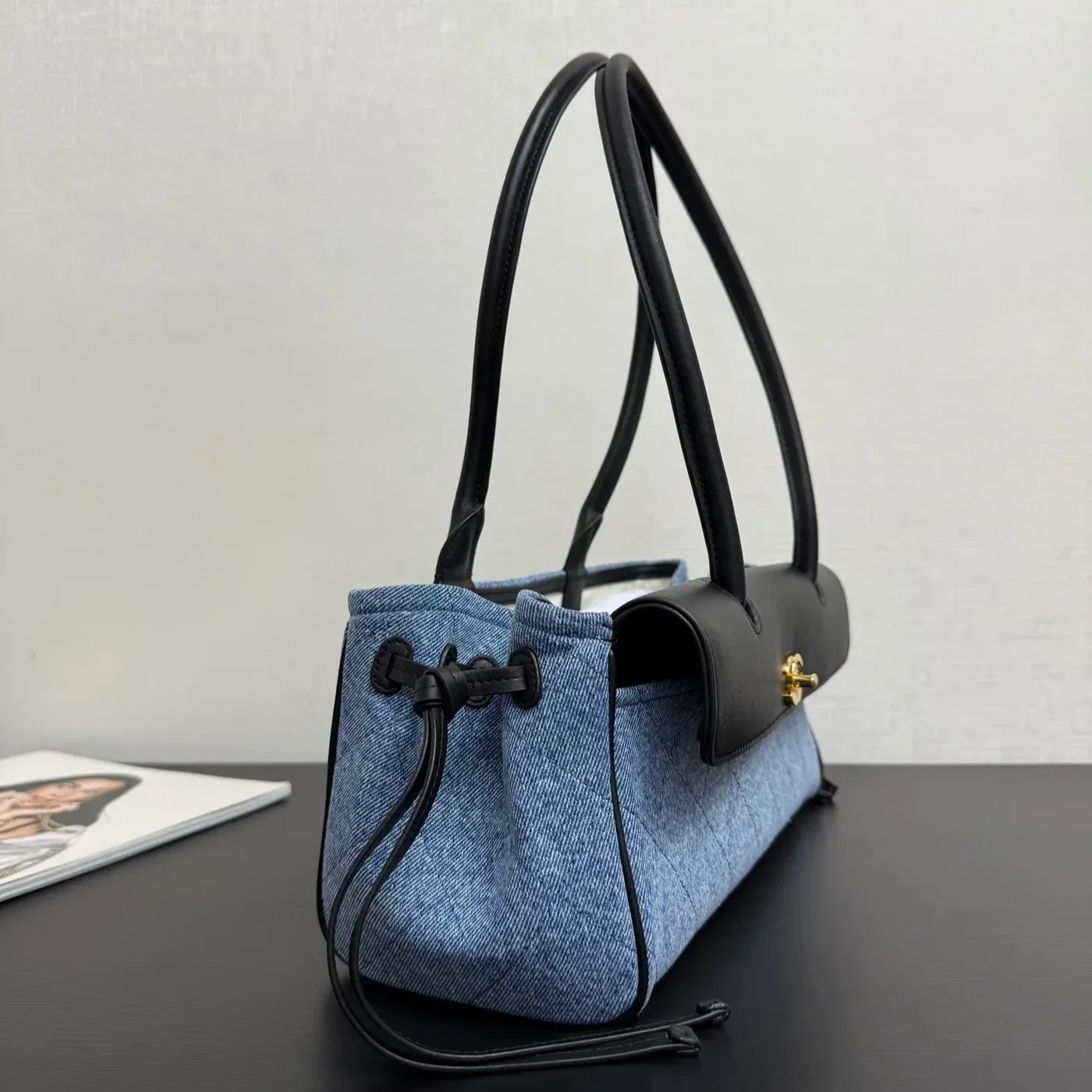 Chanel Small Shopping Shoulder Bag in Blue/ Black Gold Hardware Chanel Small Shopping Shoulder Bag in Blue/ Black Gold Hardware