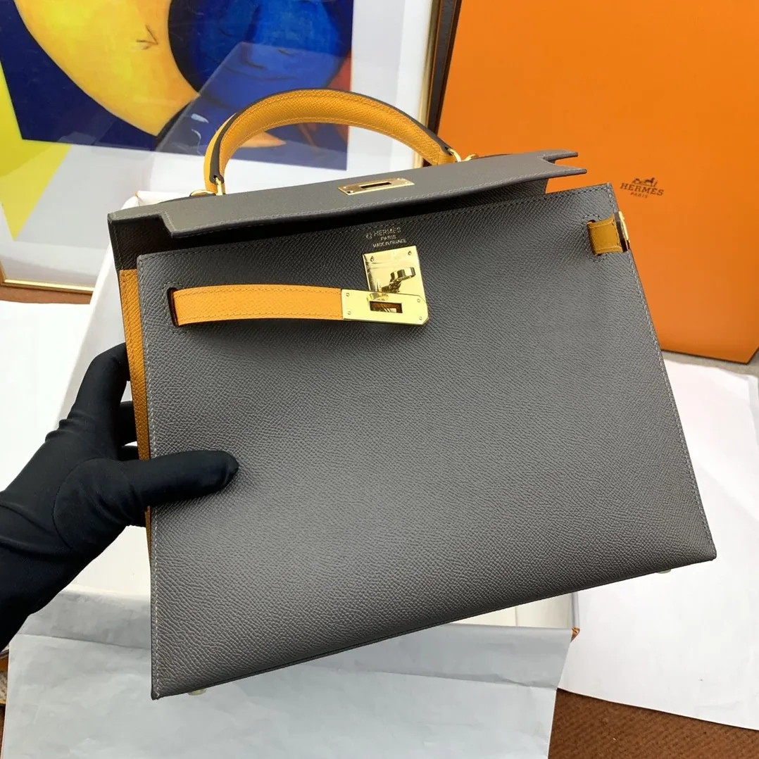 Hermes Kelly 28 Sellier Epsom Dark Grey in Yellow Bag