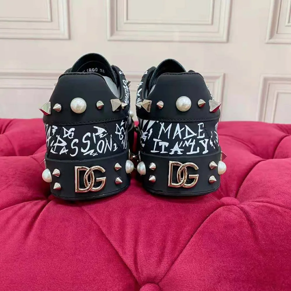 Dolce Gabbana D&G Calfskin Nappa Portofino Sneakers with Studs for Unisex in Black