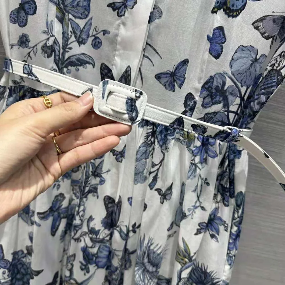 Dior Mid-length Shirt Dress White and Pastel Midnight Blue Cotton Voile for Women Dior Mid-length Shirt Dress White and Pastel Midnight Blue Cotton Voile for Women