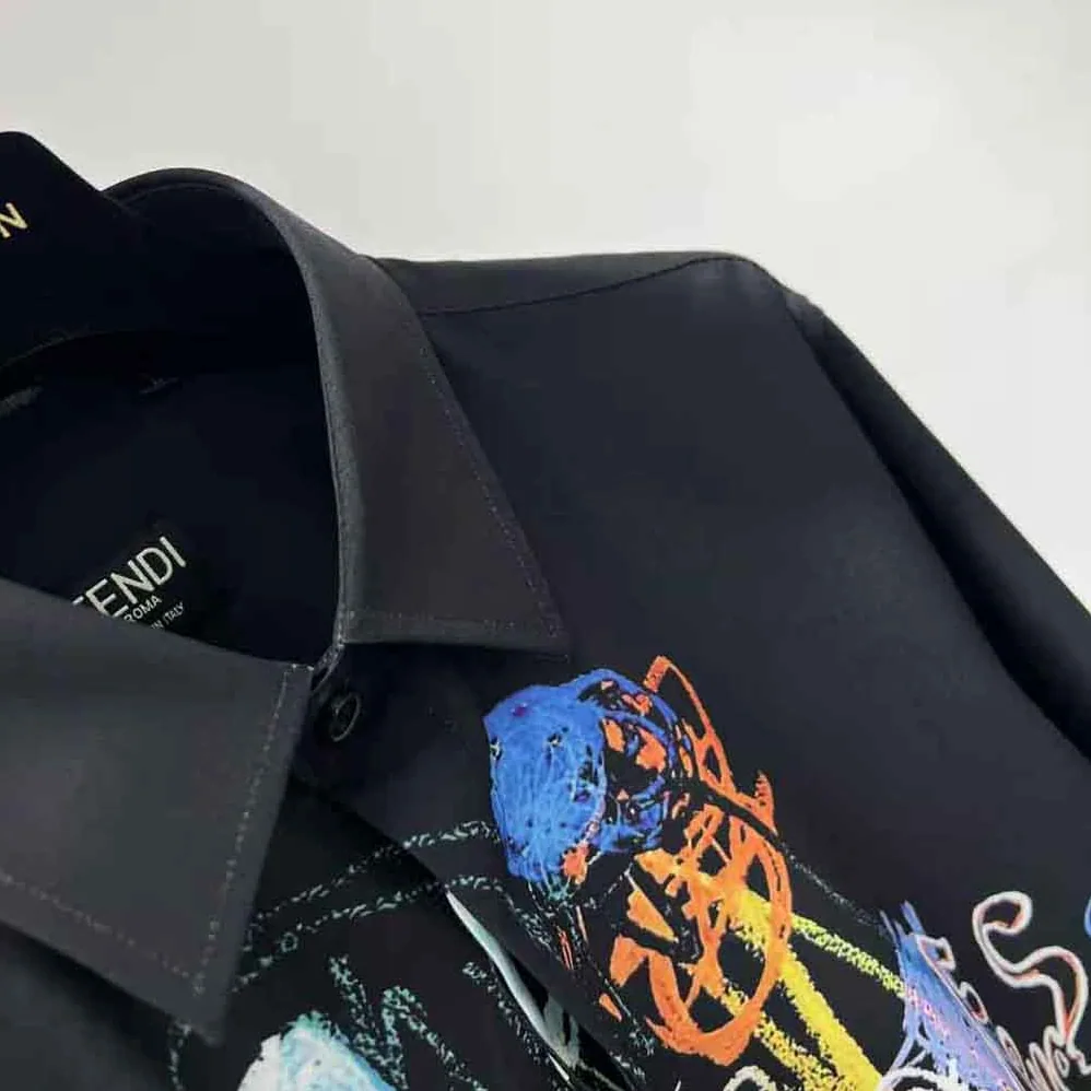 Fendi Black Cotton Shirt with Mid Ltalian Collar and Short Sleeves for Men Fendi Black Cotton Shirt with Mid Ltalian Collar and Short Sleeves for Men