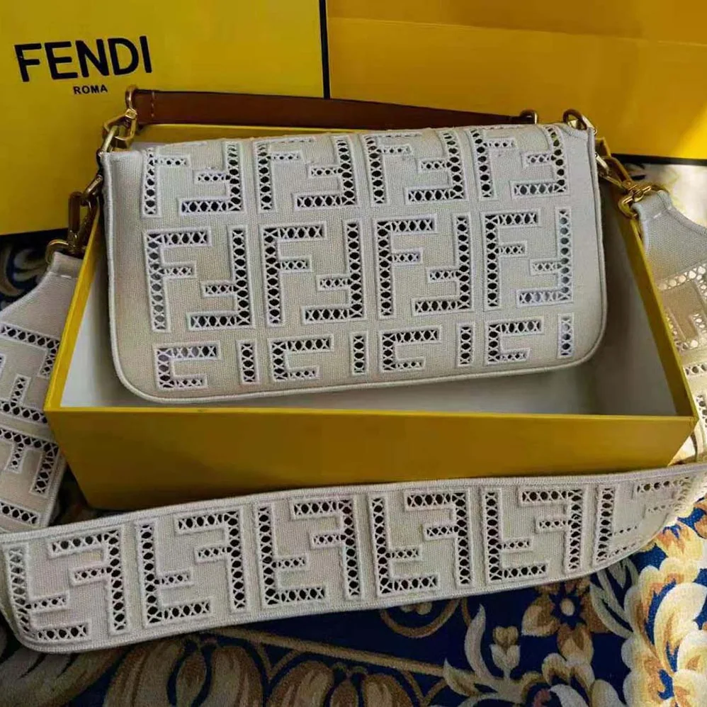Fendi Baguette Canvas Bag with Embroidery for Women in White Fendi Baguette Canvas Bag with Embroidery for Women in White