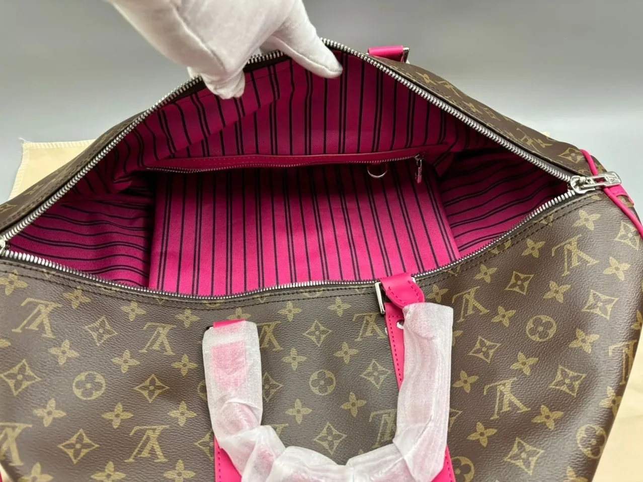 Louis Vuitton Keepall Bandouliere 50 Travel Bag in Brown/ Pink Silver Hardware Louis Vuitton Keepall Bandouliere 50 Travel Bag in Brown/ Pink Silver Hardware