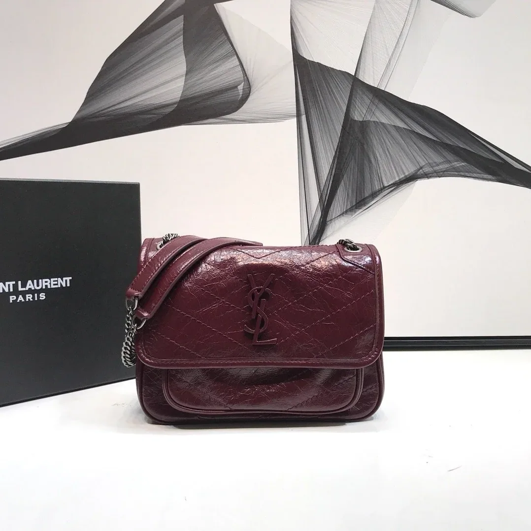 Saint Laurent Niki Baby Chain Bag In Crinkled Vintage Burgundy in YSL Saint Laurent Niki Baby Chain Bag In Crinkled Vintage Burgundy in YSL