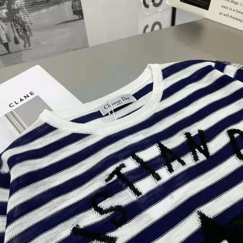 Dior Marinière Sweater Navy Blue and White Linen Cashmere and Silk Knit with Signature for Women Dior Marinière Sweater Navy Blue and White Linen Cashmere and Silk Knit with Signature for Women