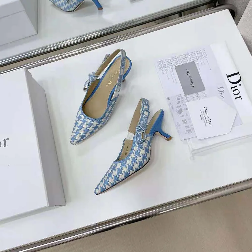 Dior J Adior Slingback Pump Cornflower Blue Cotton Embroidery with Micro Houndstooth Motif for Women Dior J Adior Slingback Pump Cornflower Blue Cotton Embroidery with Micro Houndstooth Motif for Women