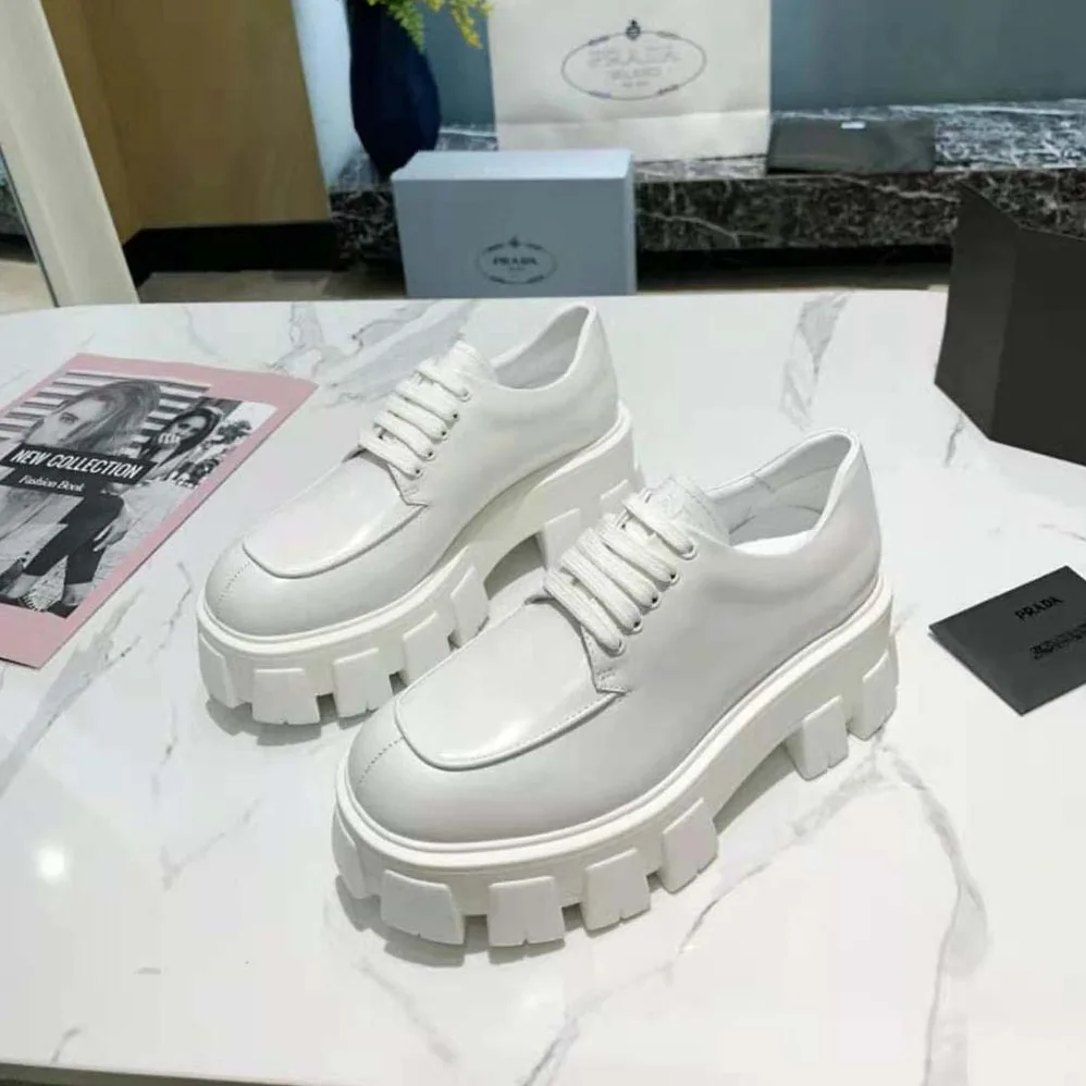 Prada Monolith Brushed Leather Lace-up Shoes for Women in White Prada Monolith Brushed Leather Lace-up Shoes for Women in White
