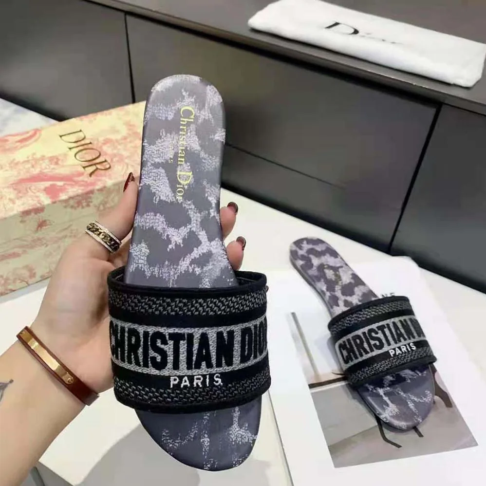 Dior Dway Slide Gray Mizza Embroidered Cotton and Metallic Thread for Women Dior Dway Slide Gray Mizza Embroidered Cotton and Metallic Thread for Women