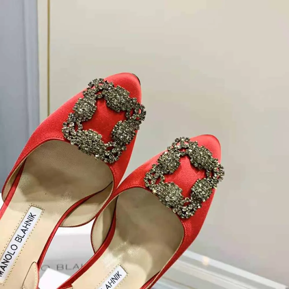 Manolo Blahnik Red Satin Jewel Buckle Slingback Pumps for Women Manolo Blahnik Red Satin Jewel Buckle Slingback Pumps for Women