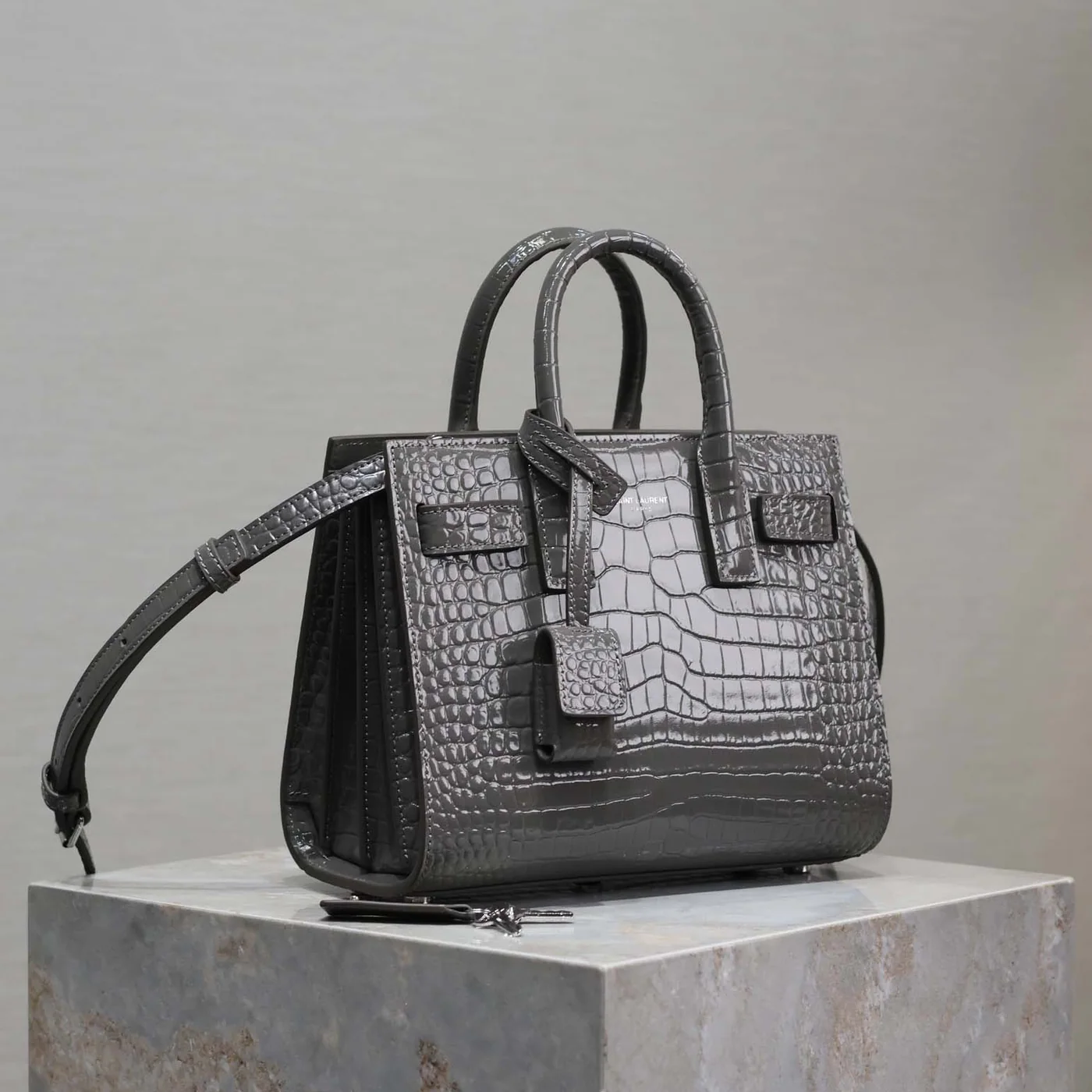 Saint Laurent YSL Sac De Jour in Crocodile Embossed Leather Nano for Women in Silver Saint Laurent YSL Sac De Jour in Crocodile Embossed Leather Nano for Women in Silver