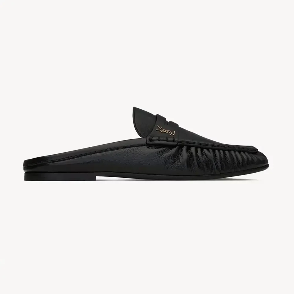 Saint Laurent YSL Le Loafer Mules in Shiny Creased Leather for Unisex
