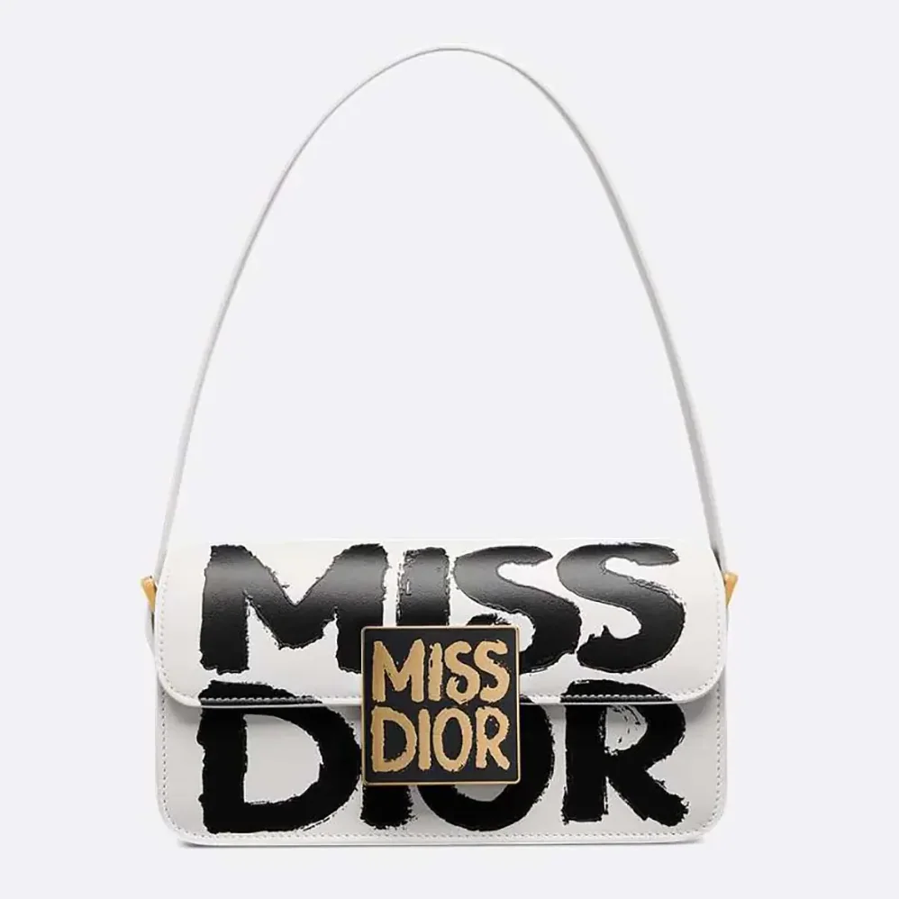 Dior Miss Dior Flap Bag White and Black Miss Dior Graffiti Printed Calfskin for Women
