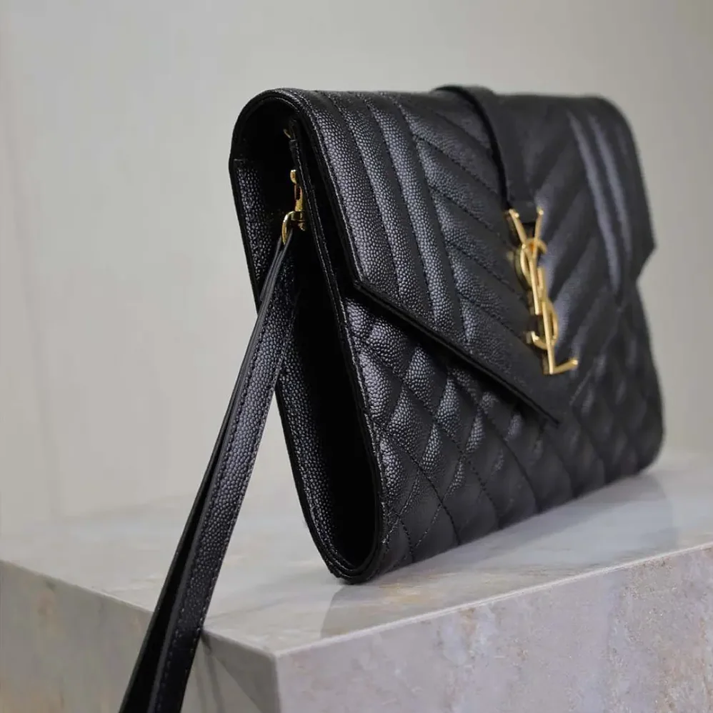 Saint Laurent YSL Envelope Flap Pouch In Mix Matelassé Grain De Poudre Leather Black for Women