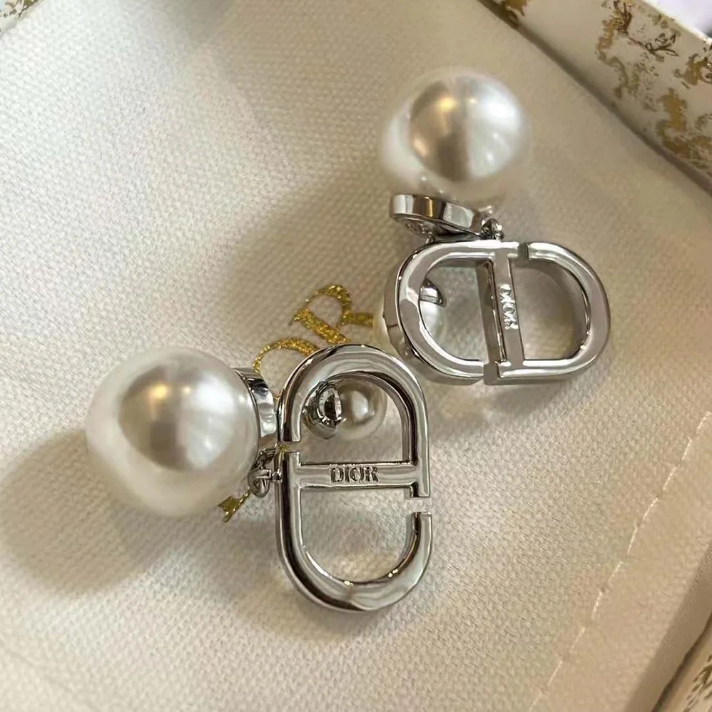 Dior Tribales Earrings Silver-Finish Metal with White Resin Pearls and Silver for Women in Tone Crystals