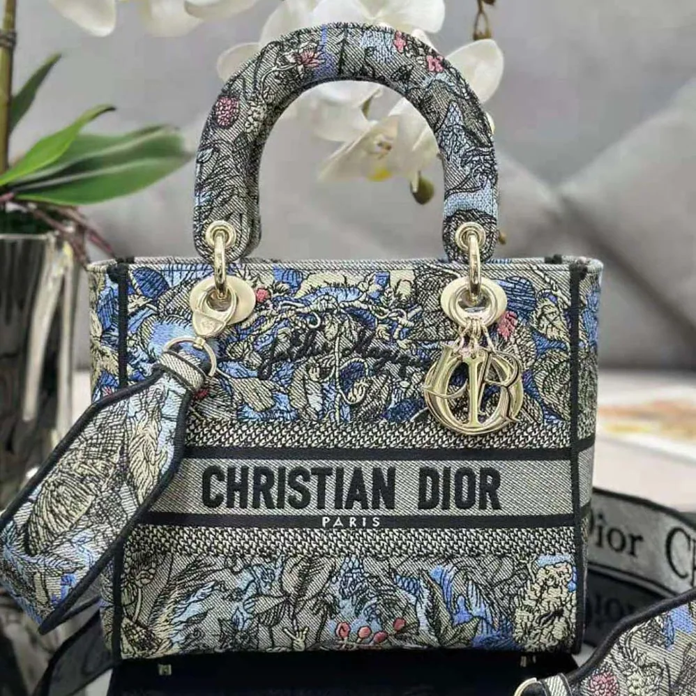 Dior Medium Lady D-lite Bag Denim Multicolor Dior Jardin Magique Embroidery for Women