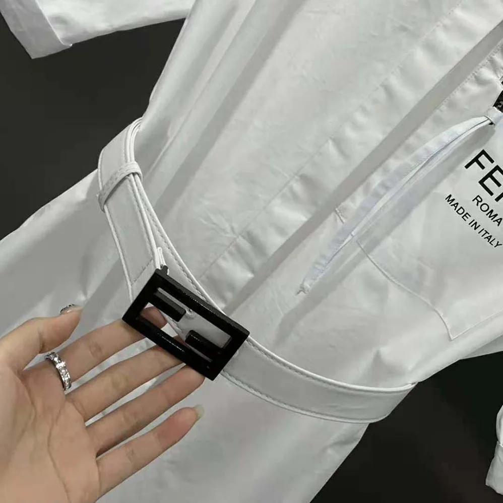 Fendi White Cotton Dress with Pointed Collar and Wide Elbow for Women in Length Sleeves