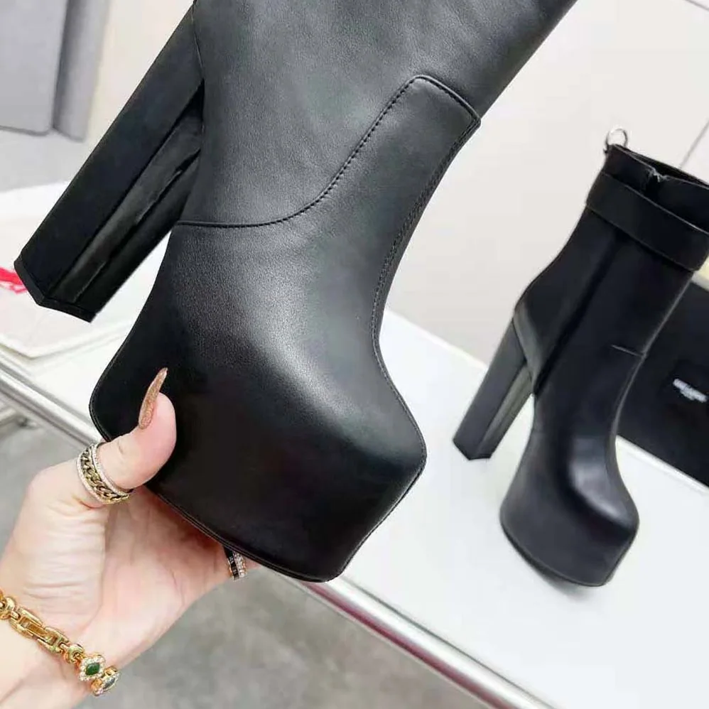 Saint Laurent YSL Cherry Buckle Platform Booties in Smooth Leather for Women