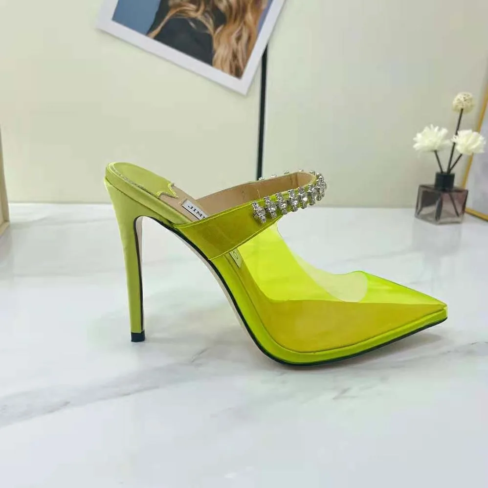 Jimmy Choo Bing 100 Neon Yellow Plexi Mules with Yellow Crystal Strap for Women Jimmy Choo Bing 100 Neon Yellow Plexi Mules with Yellow Crystal Strap for Women