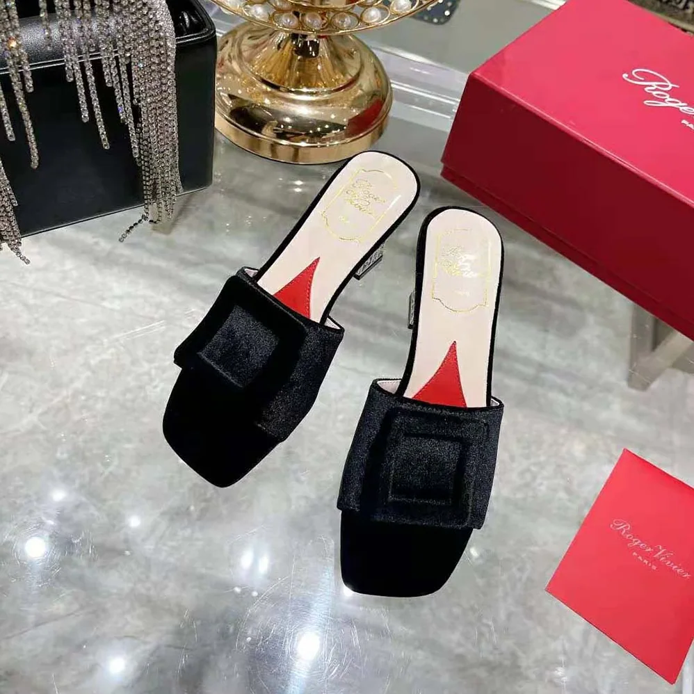 Roger Vivier Cube Strass Heel Mules in Satin for Women in Black Roger Vivier Cube Strass Heel Mules in Satin for Women in Black