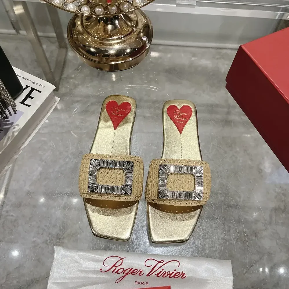 Roger Vivier Strass Buckle Slides in Raffia for Women