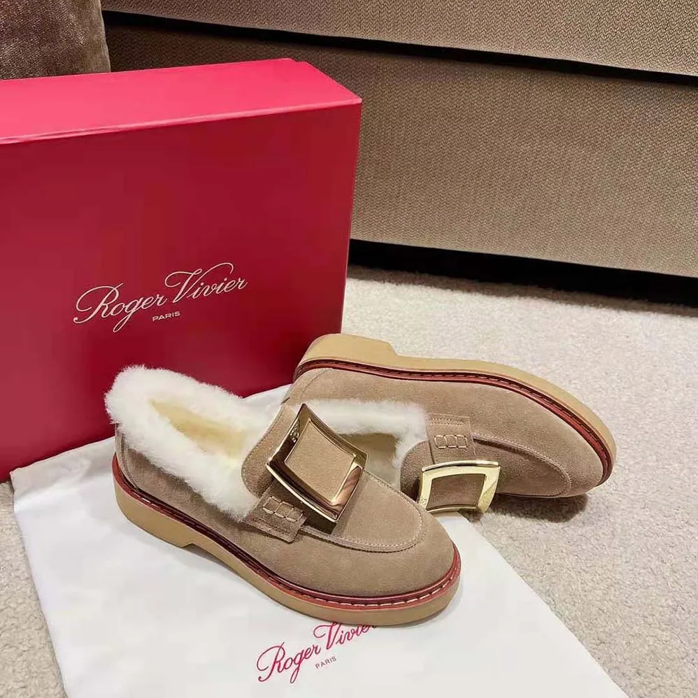 Roger Vivier Viv' Rangers Metal Buckle Fur Loafers for Women Roger Vivier Viv' Rangers Metal Buckle Fur Loafers for Women