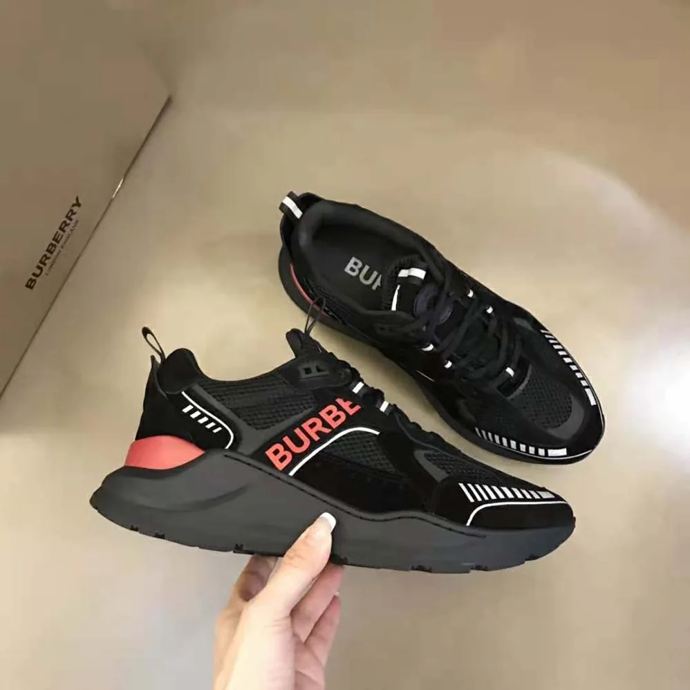 Burberry Logo Print Suede and Mesh Sneakers for Men in Black Burberry Logo Print Suede and Mesh Sneakers for Men in Black