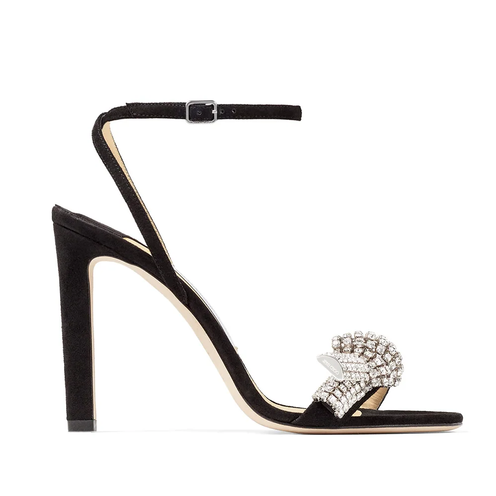 Jimmy Choo Thyra 100 Black Suede Sandals with Pavé Crystal Cord Detail for Women Jimmy Choo Thyra 100 Black Suede Sandals with Pavé Crystal Cord Detail for Women