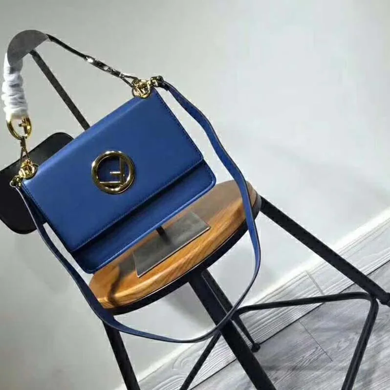 Fendi KAN I F Top Flap Leather Bag with Strap in Navy
