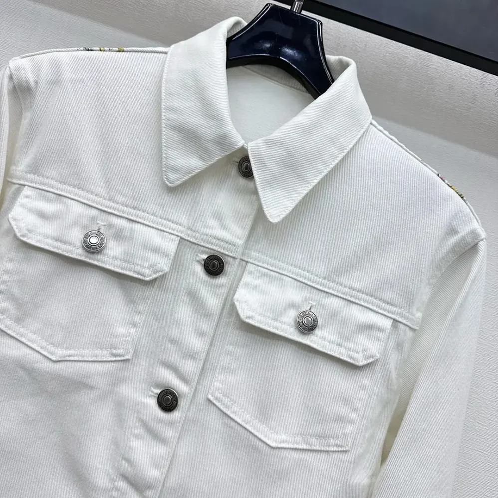 Dior Jacket White Cotton Denim with Multicolor Dior Astral Flowers Motif for Women Dior Jacket White Cotton Denim with Multicolor Dior Astral Flowers Motif for Women