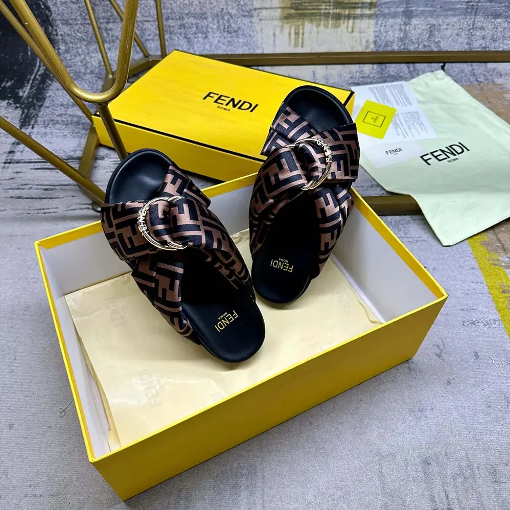 Fendi Feel Brown FF Satin Slides for Women