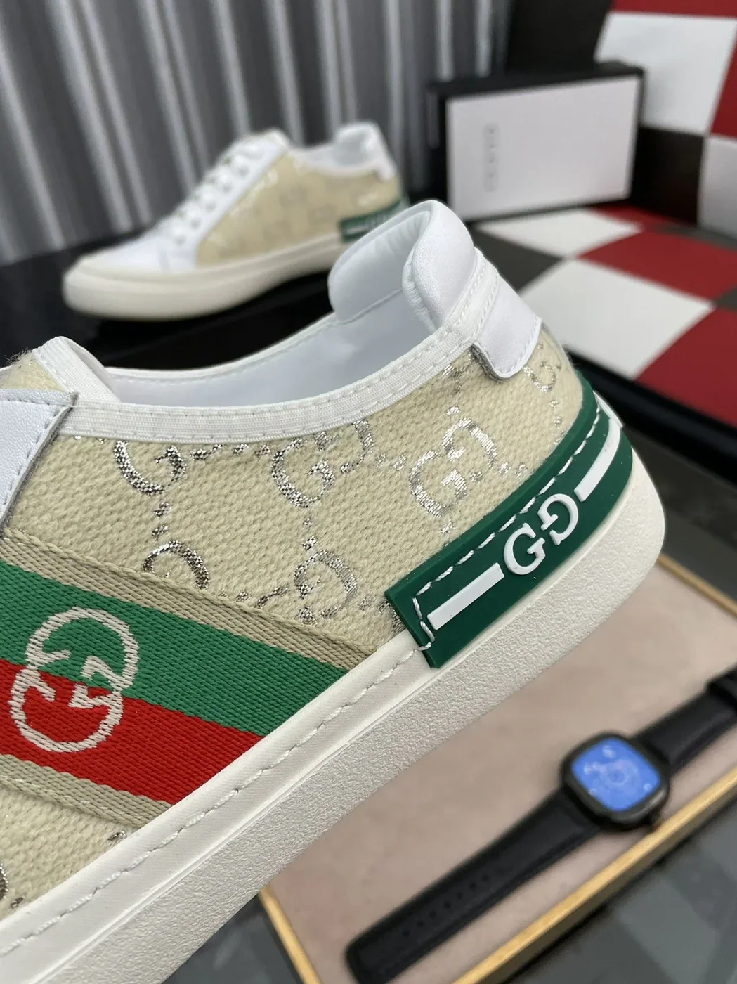 Gucci GG Embroidery Sneaker With Web White And Beige for Men