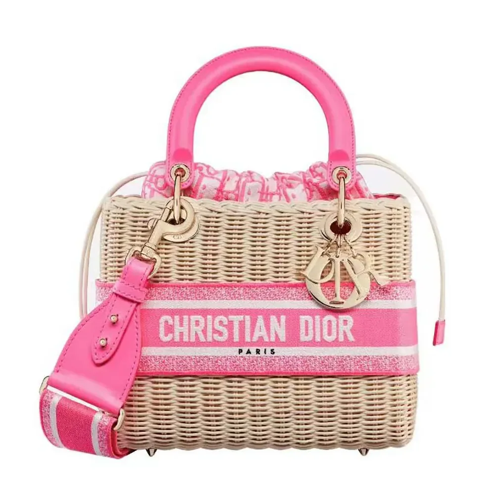 Dior Medium Lady Dior Bag Natural Wicker and Pink Dior Oblique Jacquard for Women Dior Medium Lady Dior Bag Natural Wicker and Pink Dior Oblique Jacquard for Women