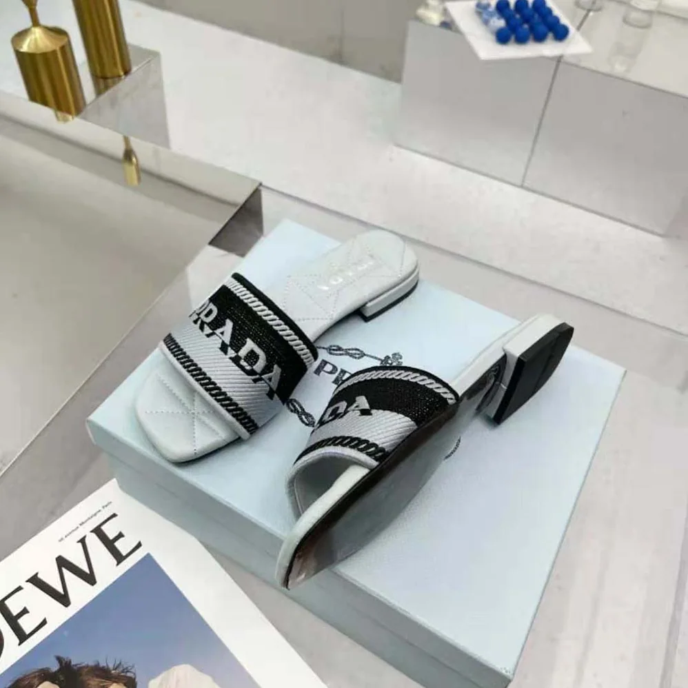 Prada Embroidered Fabric Slides for Women in Blue