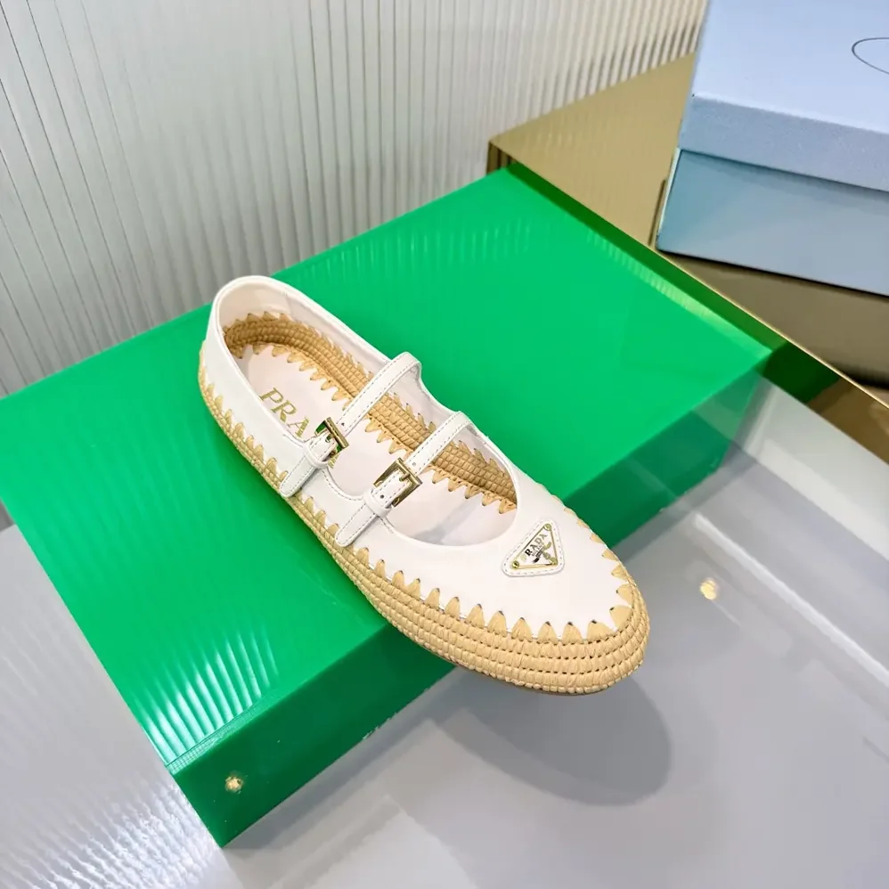 Prada Nappa Leather And Raffia Ballerinas for Women in White