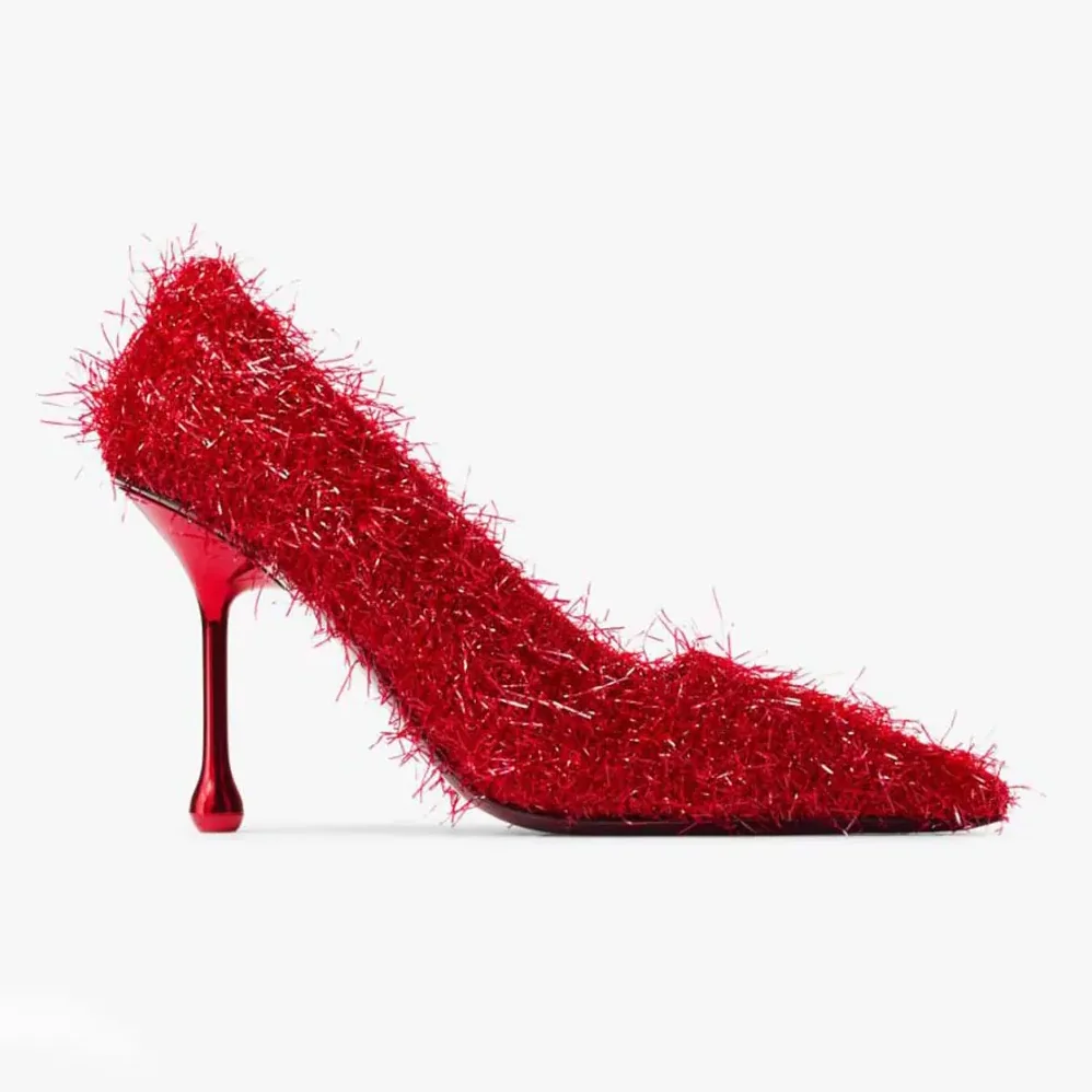 Jimmy Choo Ixia 95 Ruby Red Tinsel Pumps for Women Jimmy Choo Ixia 95 Ruby Red Tinsel Pumps for Women