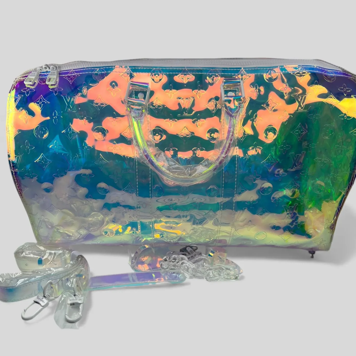 Louis Vuitton Keepall Bandouliere 50 Travel Bag / Iridescent Prism Monogram PVC Silver Hardware Louis Vuitton Keepall Bandouliere 50 Travel Bag / Iridescent Prism Monogram PVC Silver Hardware