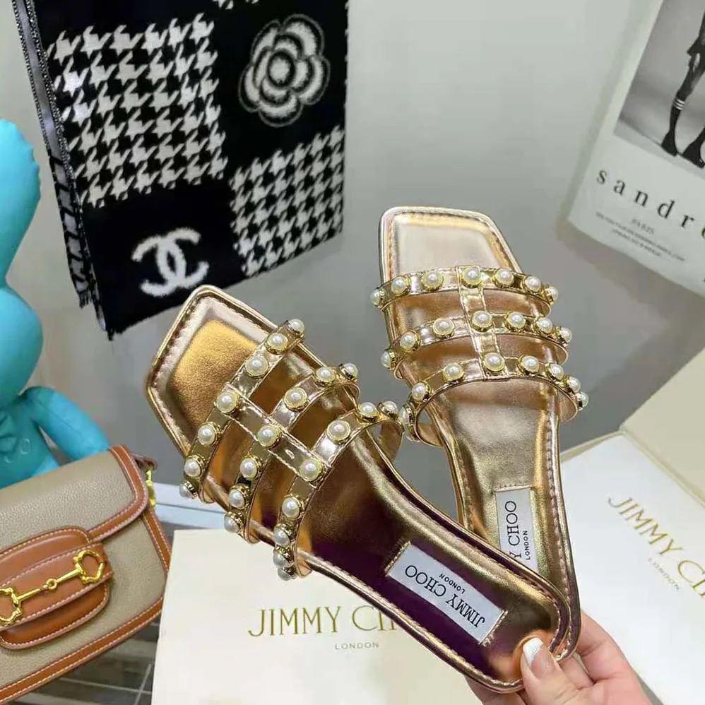 Jimmy Choo Hazal Flat Gold Liquid Metal Leather Flats with Pearl Studs for Women Jimmy Choo Hazal Flat Gold Liquid Metal Leather Flats with Pearl Studs for Women