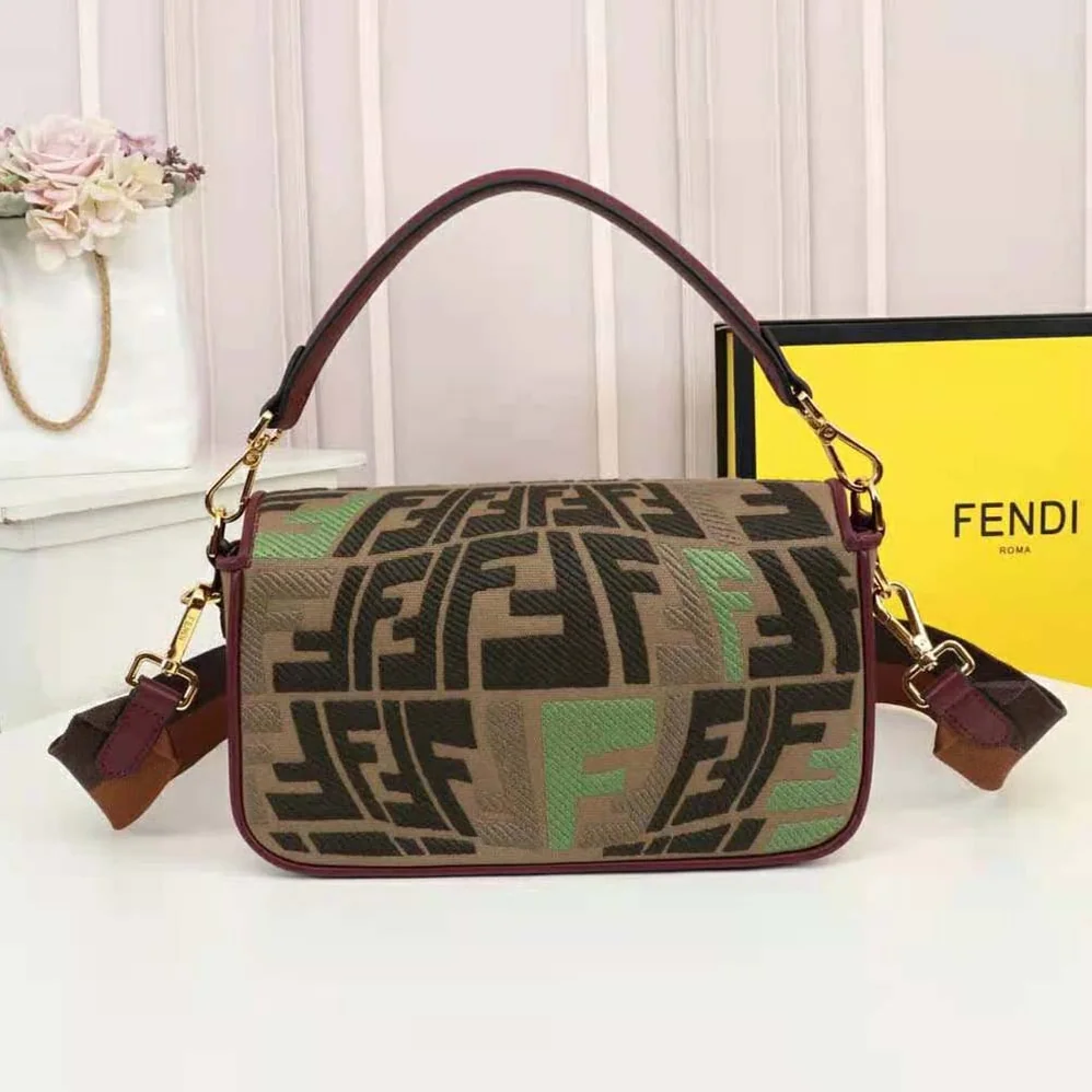 Fendi Baguette Embroidered Green Canvas Bag for Women