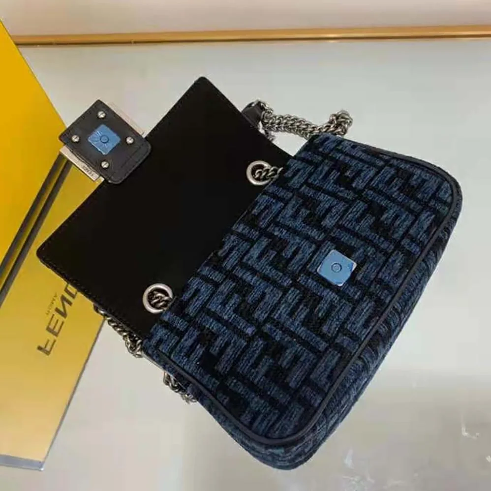 Fendi Baguette Chain Midi Dark Blue FF Tapestry Fabric Bag for Women Fendi Baguette Chain Midi Dark Blue FF Tapestry Fabric Bag for Women