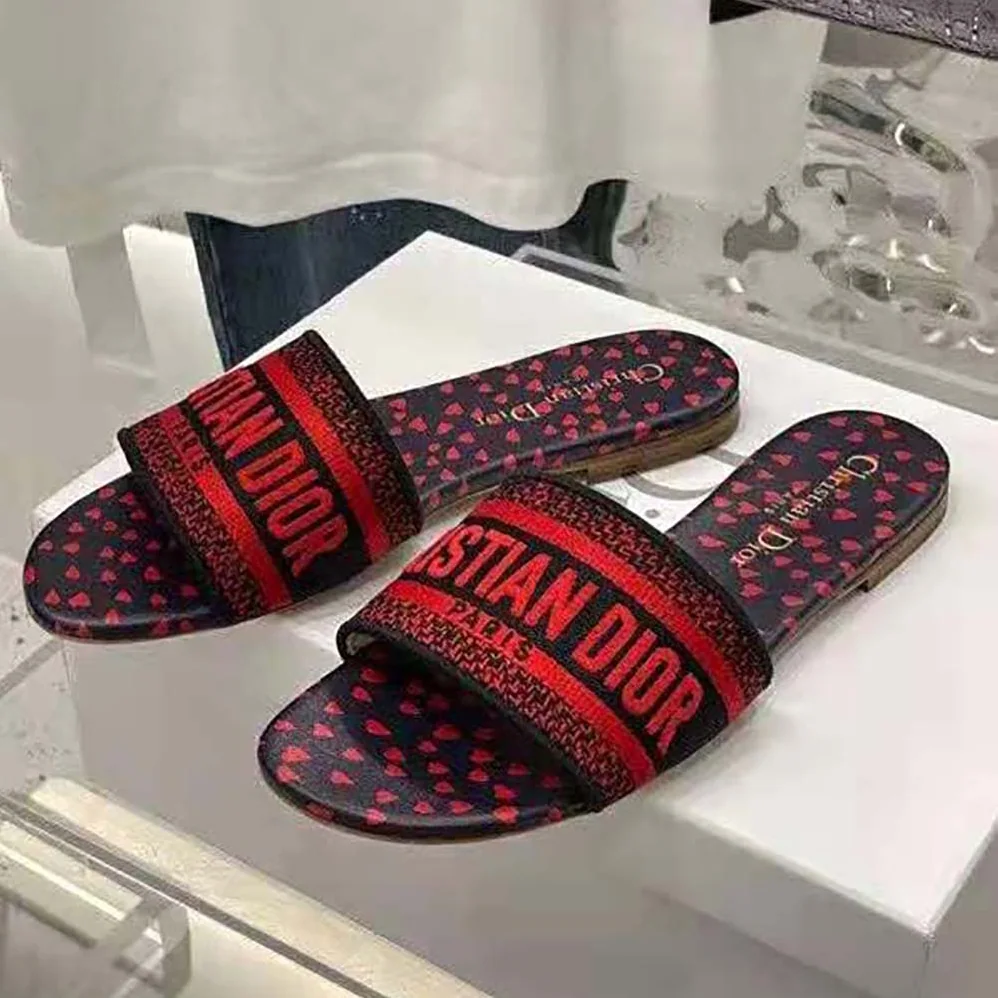 Dior Dway Slide Navy Blue and Red Hearts I Love Paris Embroidered Cotton for Women Dior Dway Slide Navy Blue and Red Hearts I Love Paris Embroidered Cotton for Women