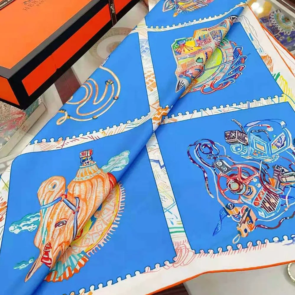 Hermes Chevaloscope Scarf 90 in Silk Twill with Hand-Rolled Edges for Women in Blue Hermes Chevaloscope Scarf 90 in Silk Twill with Hand-Rolled Edges for Women in Blue
