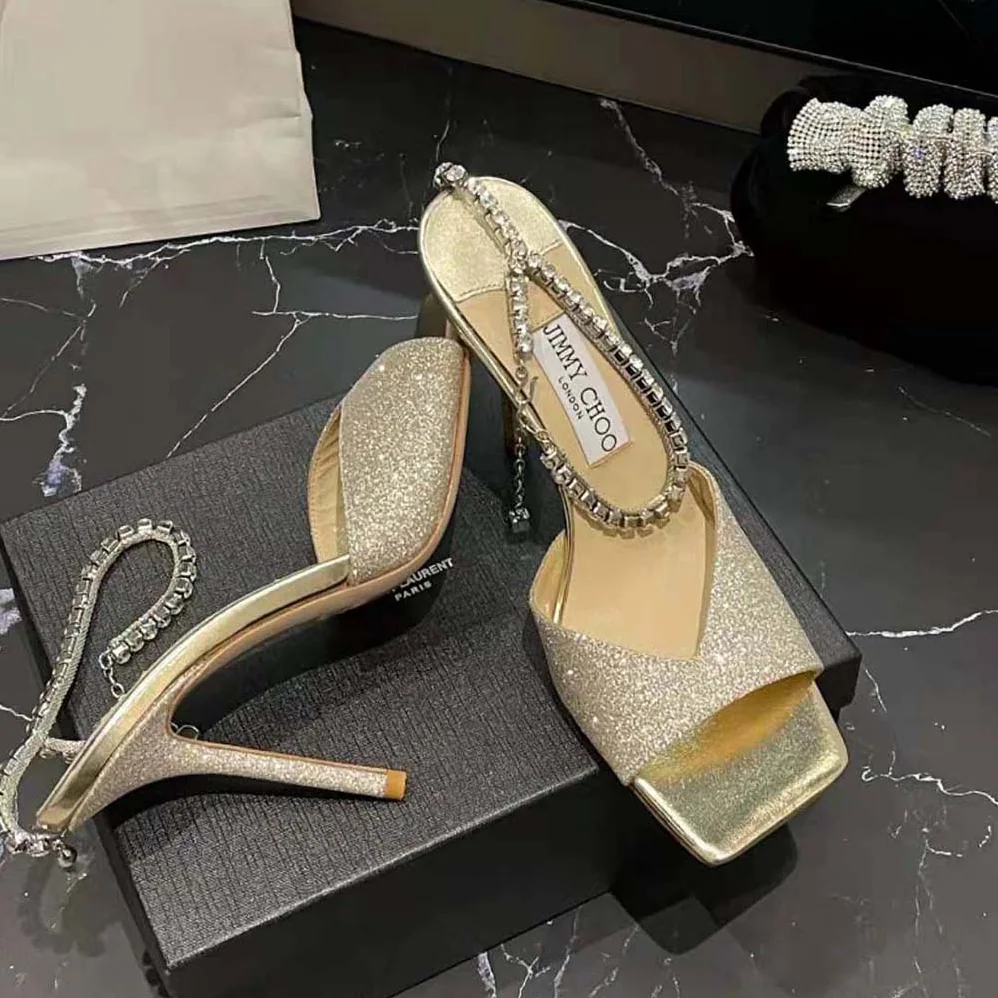 Jimmy Choo Saeda Sandal 100 Platinum Ice Dusty Glitter Sandals with Crystal Embellishment for Women Jimmy Choo Saeda Sandal 100 Platinum Ice Dusty Glitter Sandals with Crystal Embellishment for Women