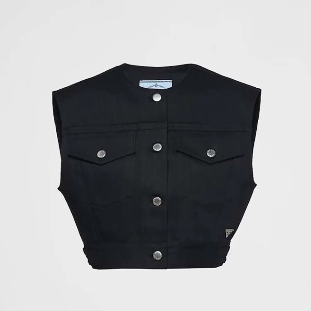 Prada Stretch Denim Vest with Triangle Logo for Women Prada Stretch Denim Vest with Triangle Logo for Women
