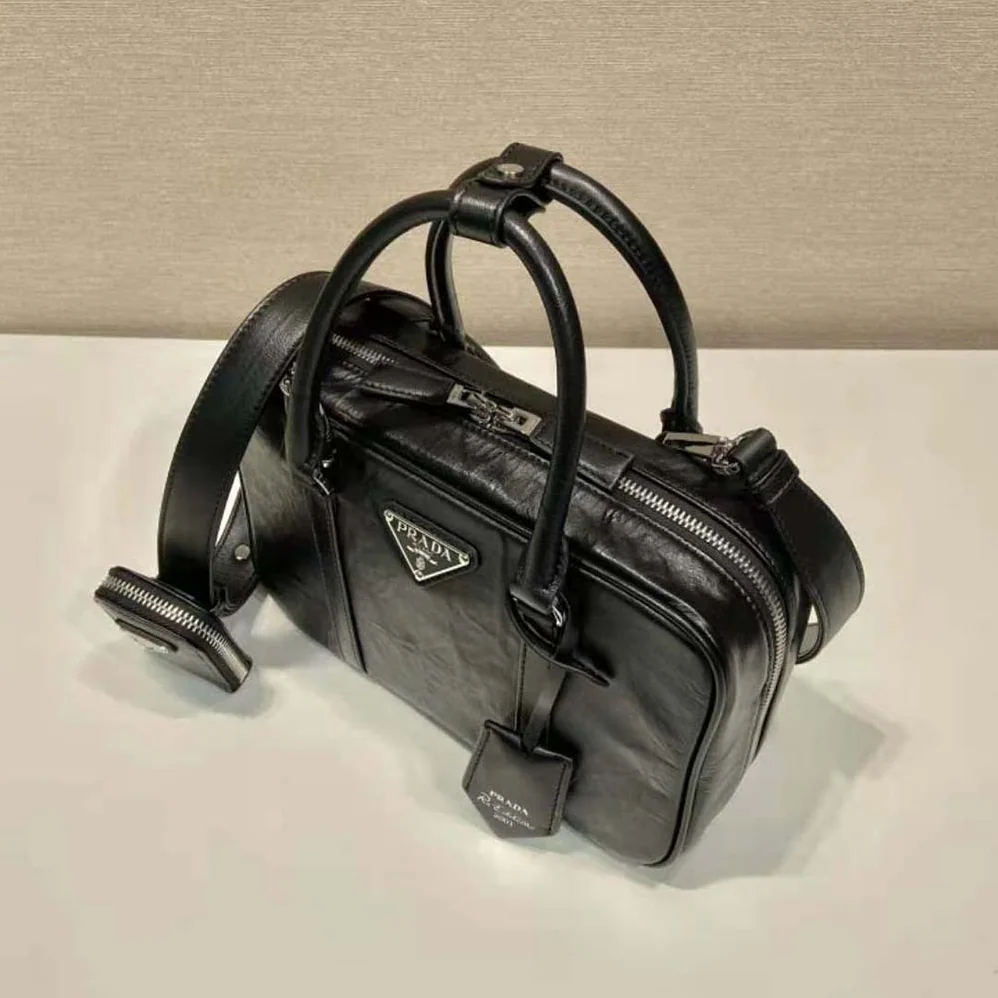 Prada Medium Antique Nappa Leather Top Handle Bag for Women in Black