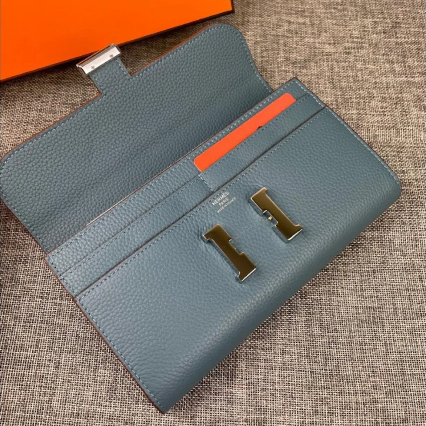 Hermes Constance Togo Long Wallet in Silver Toned Hardware Blue Hermes Constance Togo Long Wallet in Silver Toned Hardware Blue