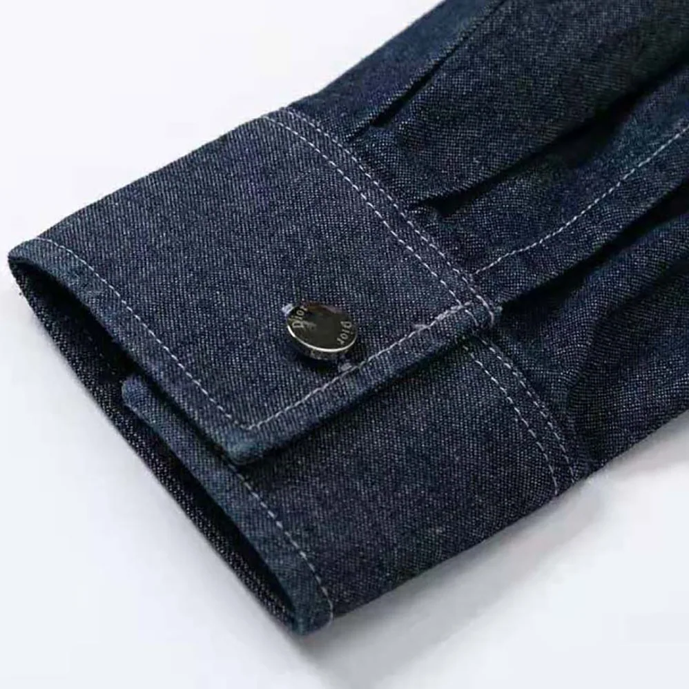 Dior Overshirt Navy Blue Flocked Technical Cotton Denim for Men Dior Overshirt Navy Blue Flocked Technical Cotton Denim for Men